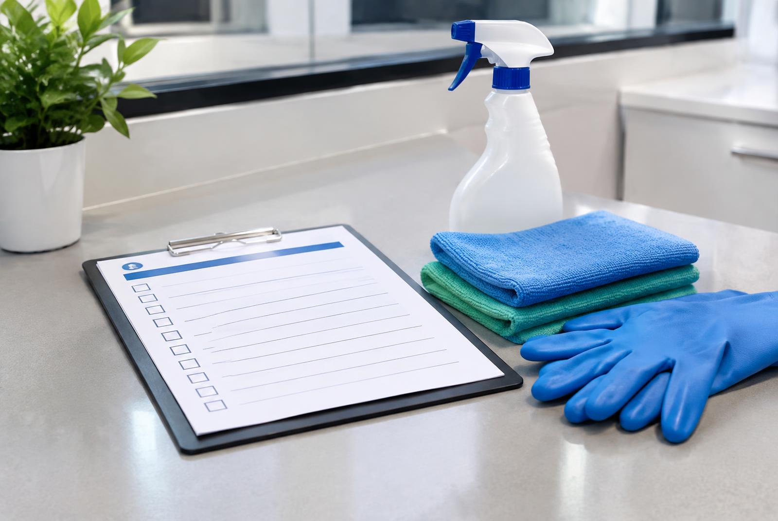 Cleaning checklist with gloves and microfibre cloths ready for a site visit
