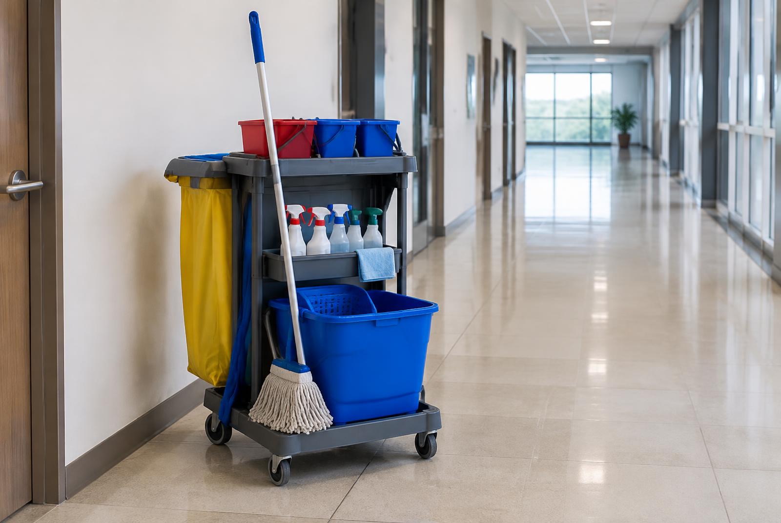 Prepared cleaning trolley with mop, bucket and supplies in a commercial corridor