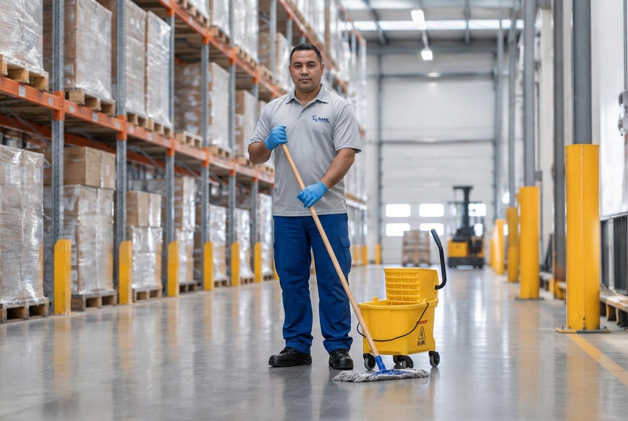 AMIL professional delivering industrial & warehouse cleaning in a commercial workplace
