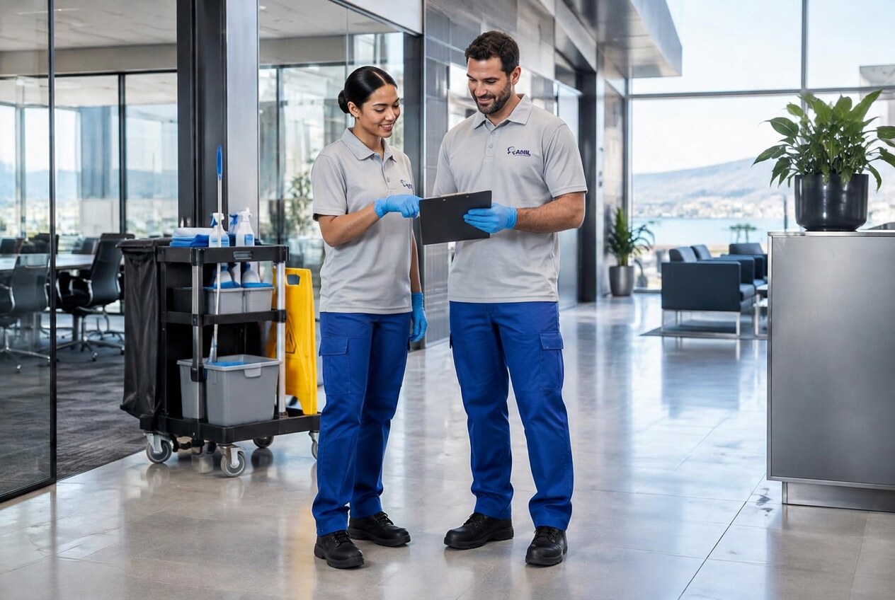 AMIL team members in silver-grey AMIL polos and blue trousers reviewing a service checklist