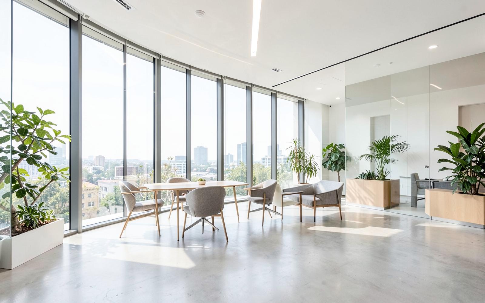 Bright, clean modern commercial office interior with floor-to-ceiling glass and polished floors