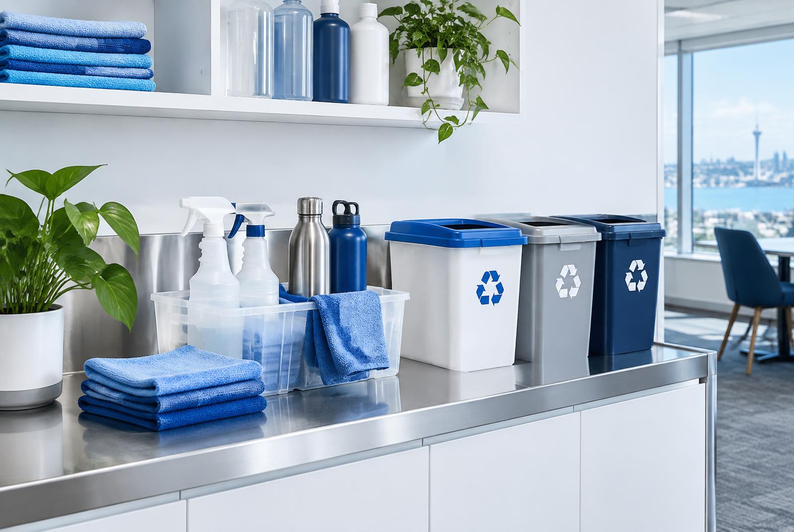 Organised reusable cleaning supplies and separated recycling containers